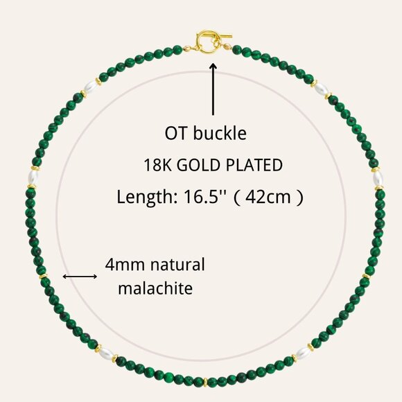 Natural Green Malachite Necklace 17in Beaded Choker with Gold Beads Pearl - Picture 6 of 6